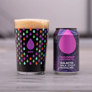 Big Drop Galactic Milk Stout can and full glass with colorful branded design